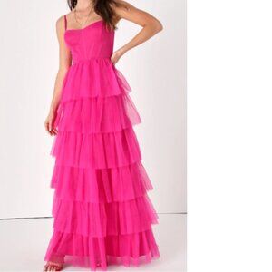 BNWT LULUS Rule the Runway Sashay Hot Pink Tulle Bustier Tiered Maxi (L)